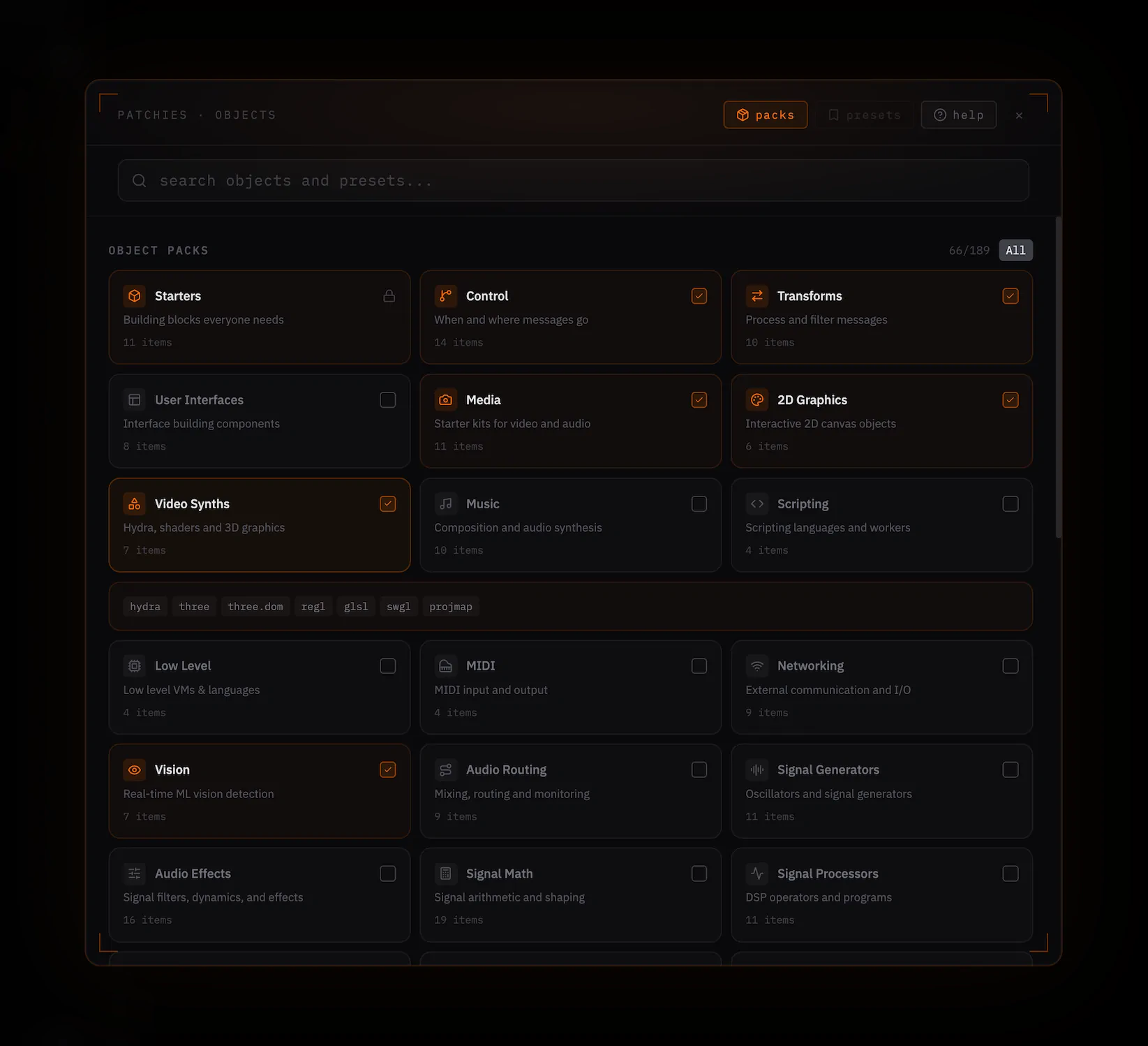 Object browser packs panel