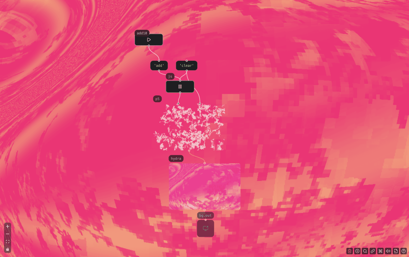 A random walk world made with P5.js and a Hydra shader