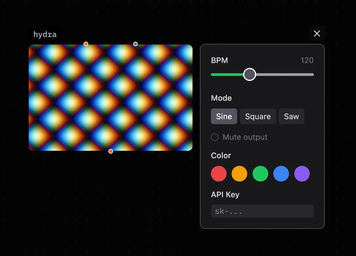 Object settings panel showing a hydra node with BPM slider, Mode select, Mute toggle, Color picker and API key field